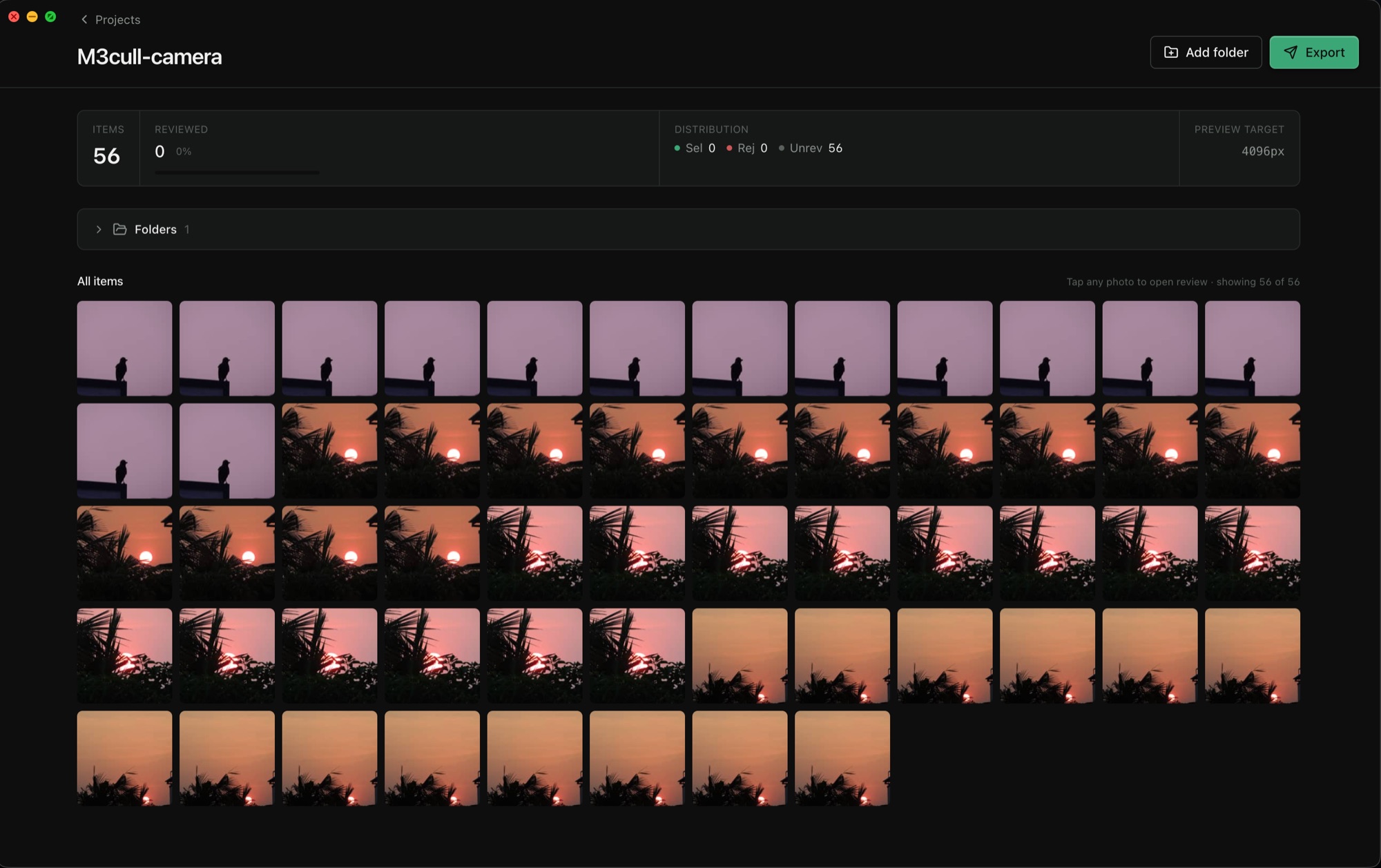 m3cull project contact sheet showing wedding photo culling progress with Selected, Rejected, and Unreviewed counts.